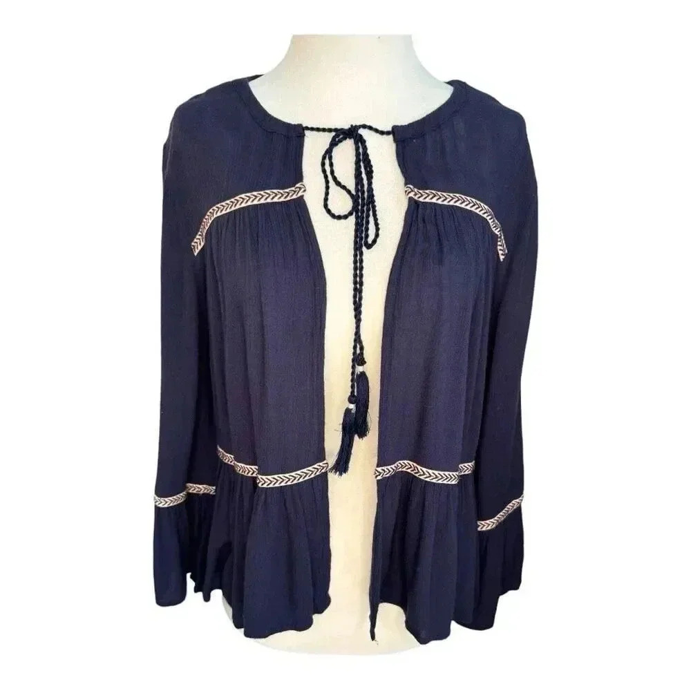 Aerie Women's Small Blue Cardigan Jacket Tassel Tie Front Boho Chic